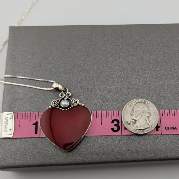 Sterling Silver Heart Pendant Necklace with Red Center - Picture 3 of 6